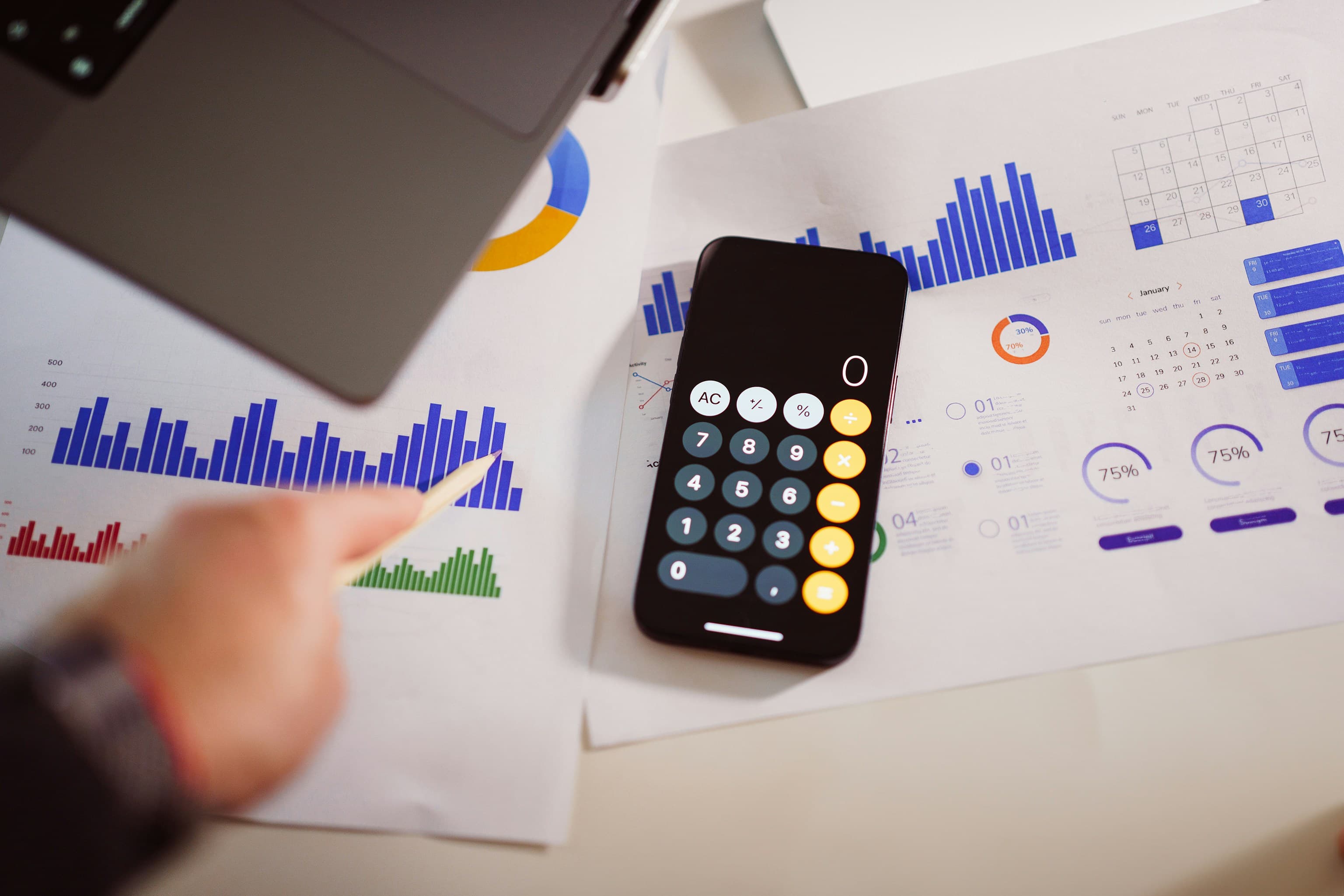 Financial analysis with charts and a calculator
